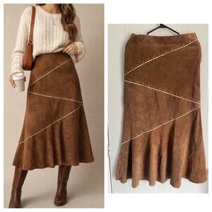 Brown Suede Midi Skirt Size 42 Vintage Feminine Countryside Classic Skirt